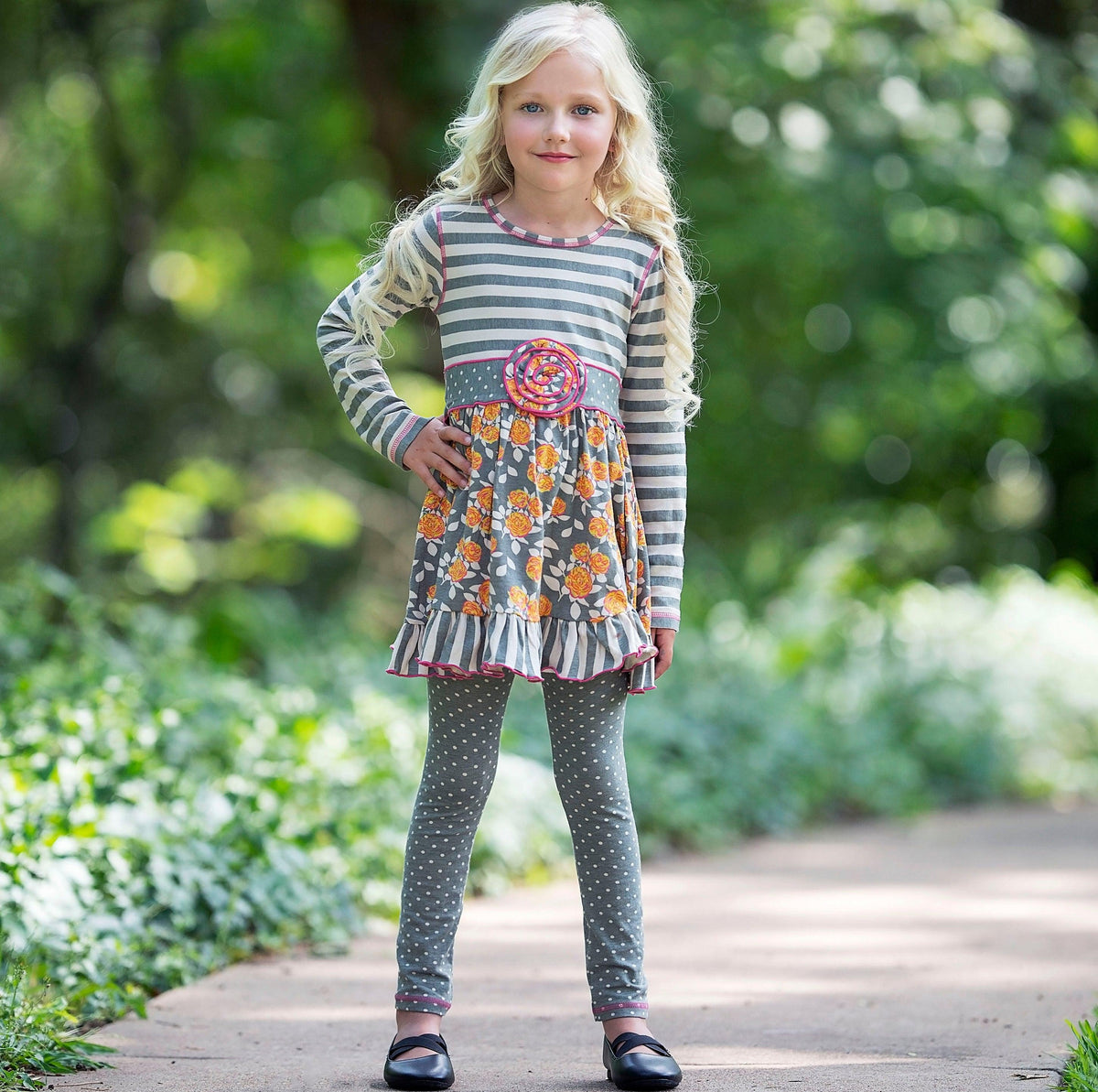 AnnLoren Boutique Grey Floral Striped Dress Polka Dot Leggings Clothing Set Lil FashionAva