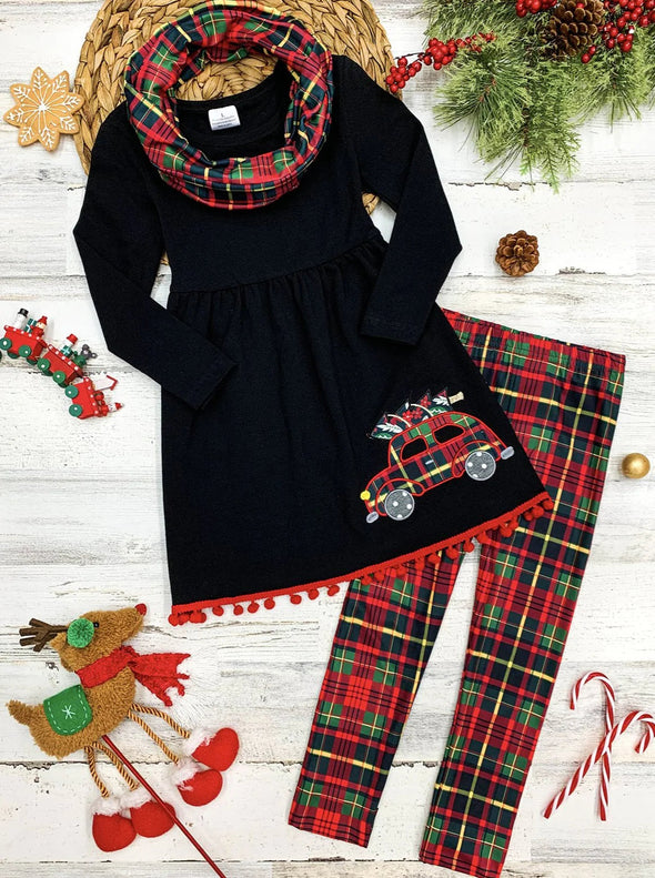 Truck Tunic Plaid Leggings & Scarf 3 Pcs Set