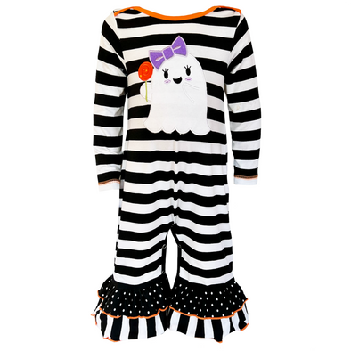 AnnLoren Baby Girls Friendly Ghost Halloween Striped Cotton Romper