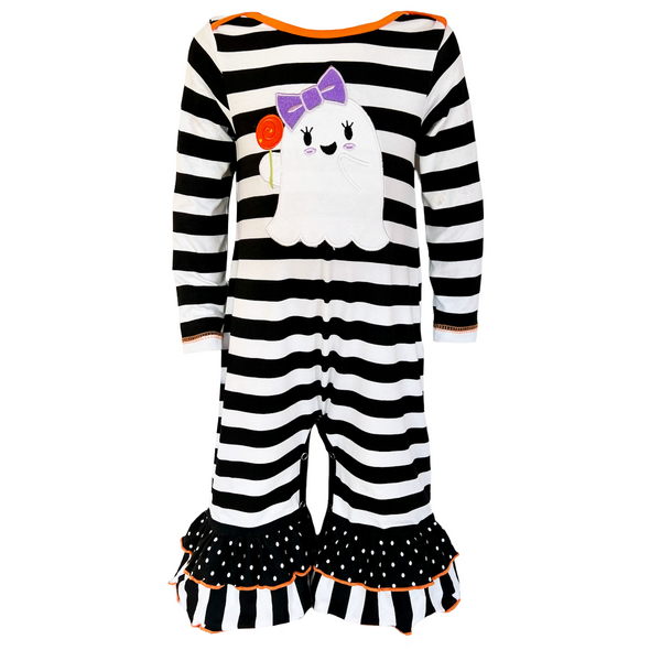 AnnLoren Baby Girls Friendly Ghost Halloween Striped Cotton Romper