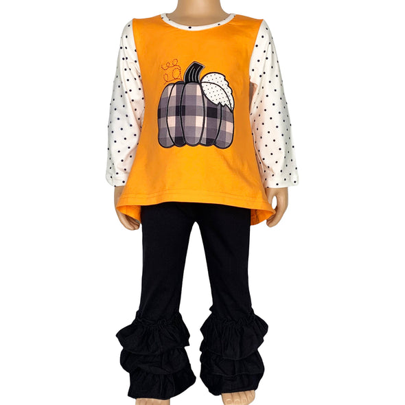 AL Limited Girls Halloween Thanksgiving Orange Pumpkin Top & Black Ruffle Pants Outfit