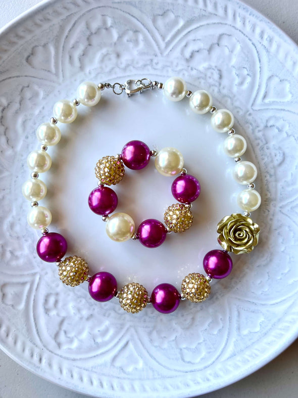 Gold Rose Purple Bubblegum Necklace