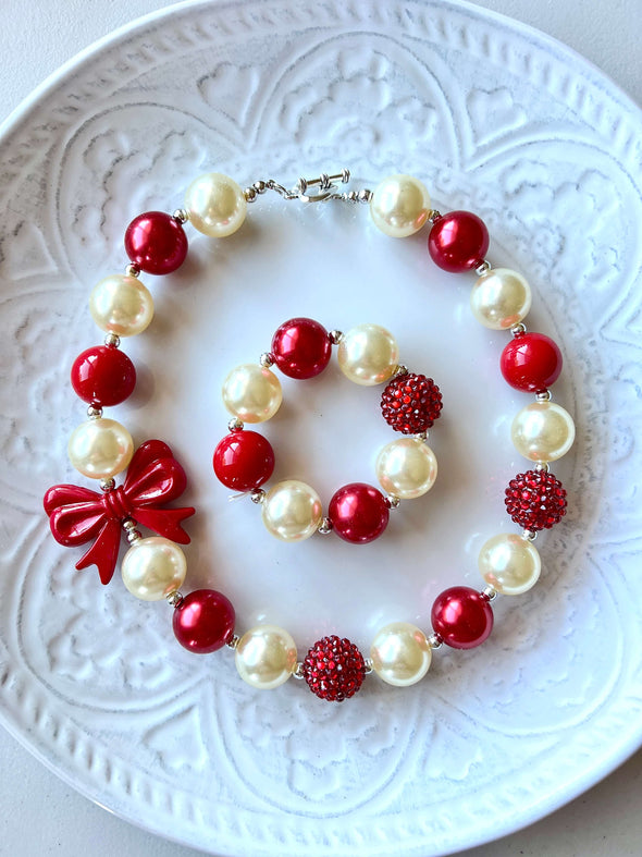 Red Bow White Bubblegum Necklace