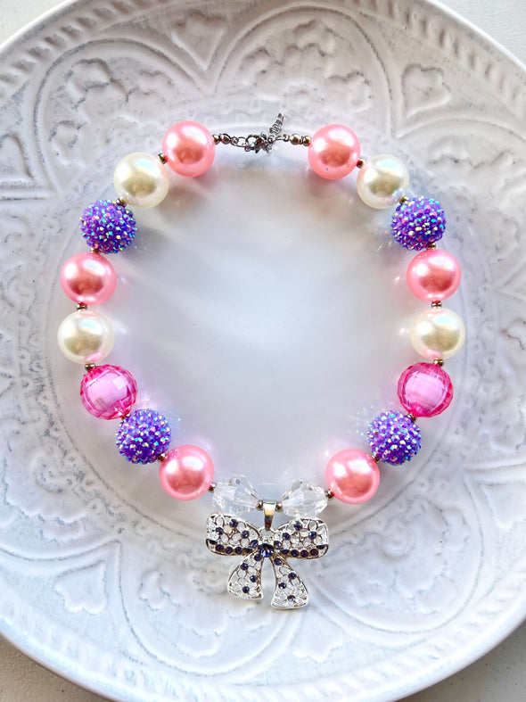 Pink Purple White Bow Bubblegum Necklace