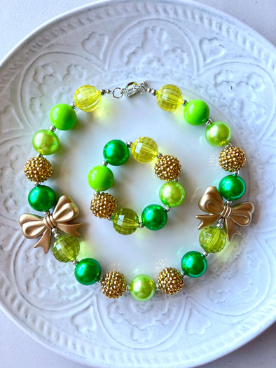 Gold Bow Green Chunky Necklace