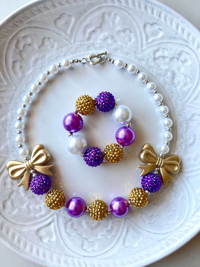 Gold Bow Purple Chunky Necklace