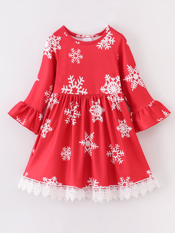 Long Flared Sleeve Snowflake Print Crochet Dress