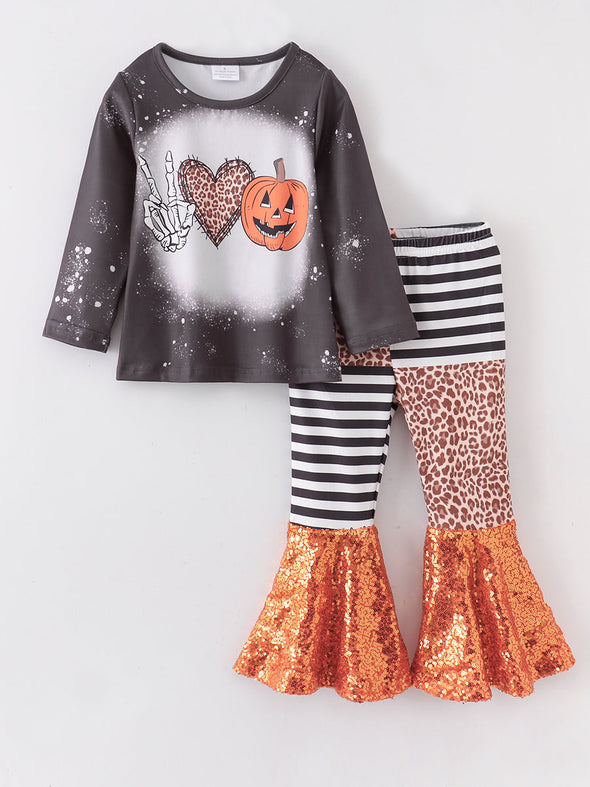 Skeleton Love Pumpkin  Sequins Bell Bottom Set