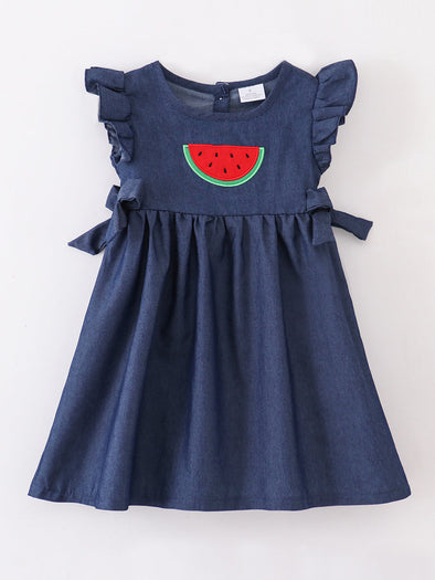 Watermelon Denim Bow Ruffle Dress