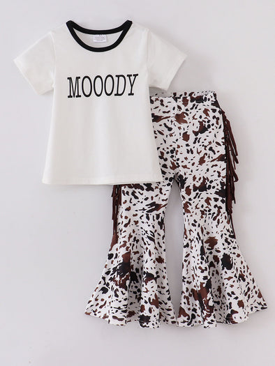 Mooody Cow Print Tassel Bell Bottom Set