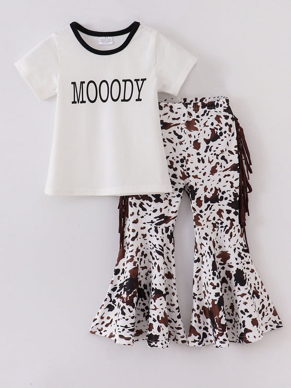 Mooody Cow Print Tassel Bell Bottom Set
