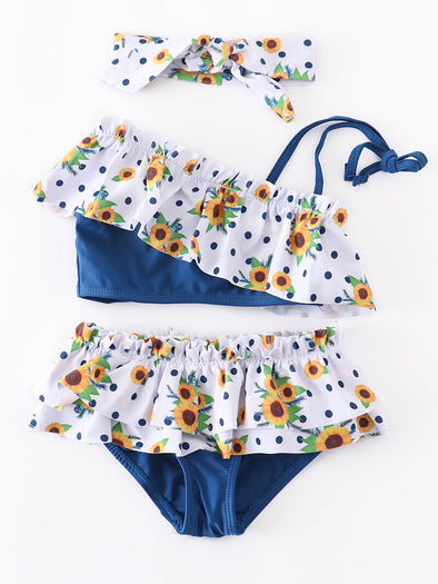 Blue Sunflower One Shoulder 3 pcs Swimsuit Set