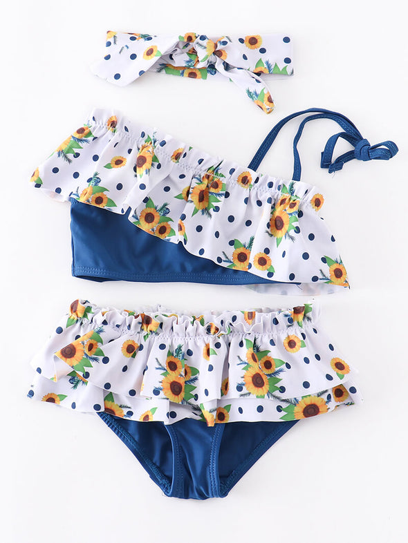 Blue Sunflower One Shoulder 3 pcs Swimsuit Set