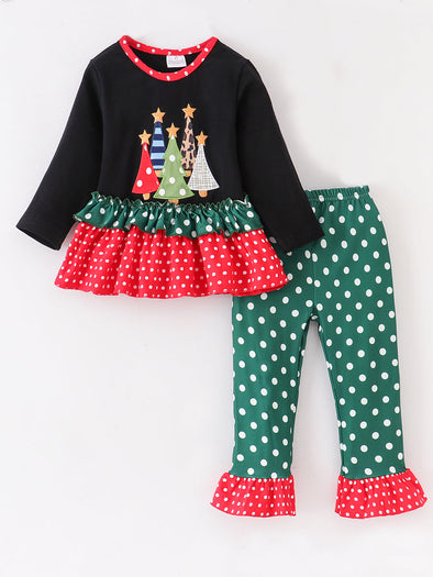 Christmas Tree Polka Dots Girl Ruffle Pant Set