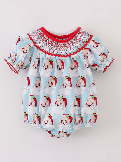 Blue Santa Claus Smocked Baby Onesie