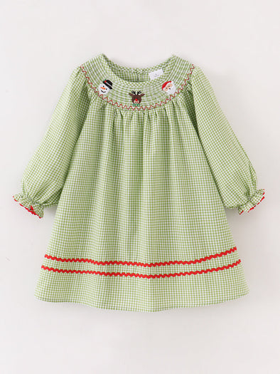 Christmas Santa Claus Green Plaid Girl Smocked Dress