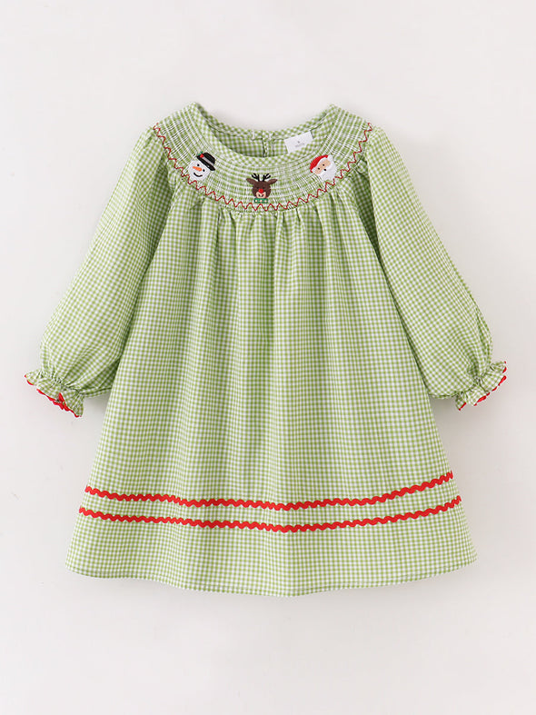 Christmas Santa Claus Green Plaid Girl Smocked Dress