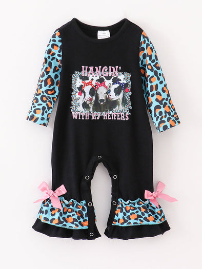 Blue Leopard Cow Ruffle Baby Romper