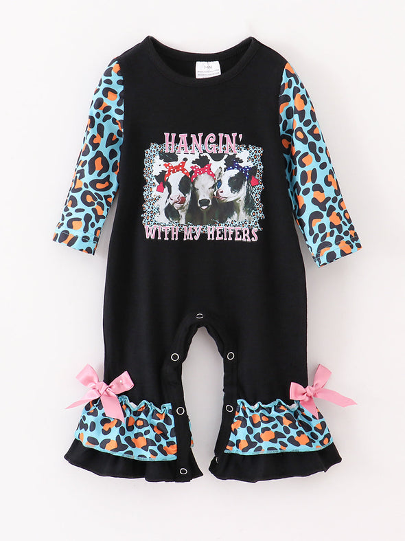 Blue Leopard Cow Ruffle Baby Romper