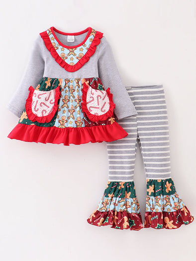 Christmas Candy Cane Ruffle Girl Bell Bottom Set
