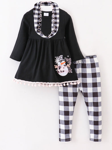 Snowman Plaid Leggings & Scarf 3 Pcs Set