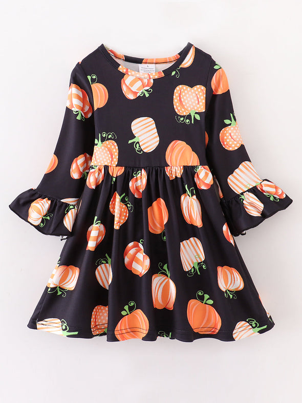 Halloween Pumpkin Ruffle Sleeve Twirl Dress