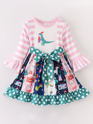 Dinosaur Stripe Dots Ruffle Twirl Dress