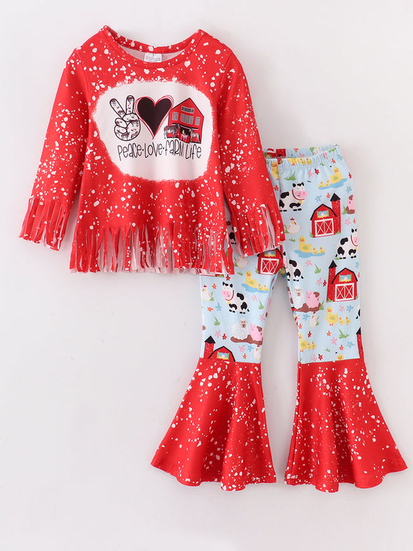 Peace Love Farmlife Red Splatter Fringe Bell Bottom Set