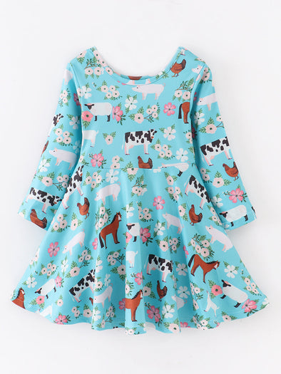 Blue Farm Animals Twirl Dress