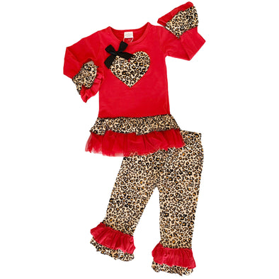 AL Limited Girls Valentine's Day Leopard Heart Long Sleeve Tunic & Ruffle Pants Set