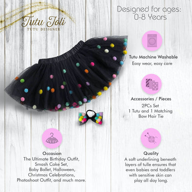 Black Tutu For Girls With Pom Poms and Bow Hair Tie | 2Pcs Set