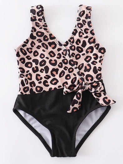 Girl Leopard Bow Swimsuit