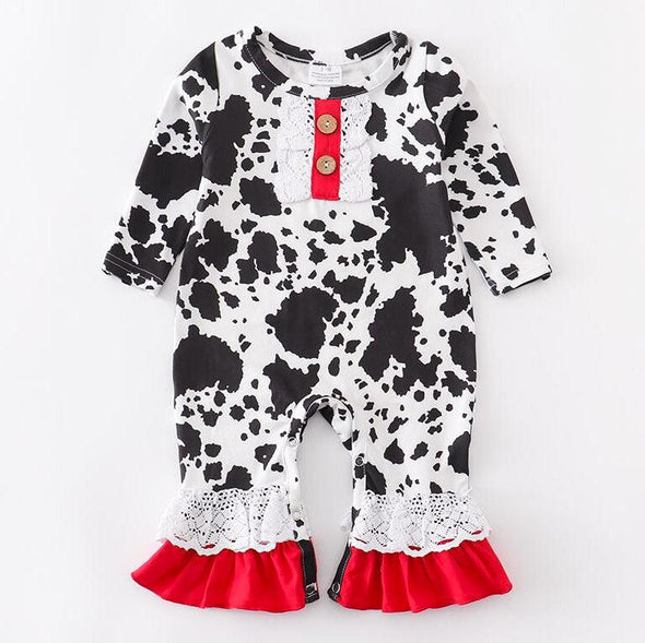 AL Limited Cowgirl Baby Girls Cow Print Fall Winter Dress Up Lace Romper - Lil FashionAva 