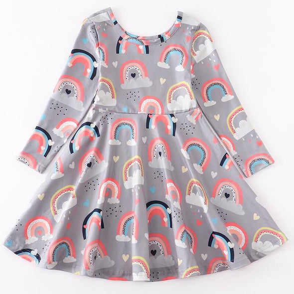 AL Limited Girls Long Sleeve Boutique Trendy Rainbow Swing Party Dress - Lil FashionAva 