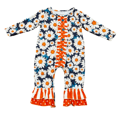 AL Limited Orange Daisy Floral Baby Girls Long Sleeve Tuxedo Lace Romper - Lil FashionAva 