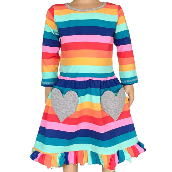 AnnLoren Baby Big Girls Boutique Fall Rainbow Hearts Cotton Winter Dress - Lil FashionAva 