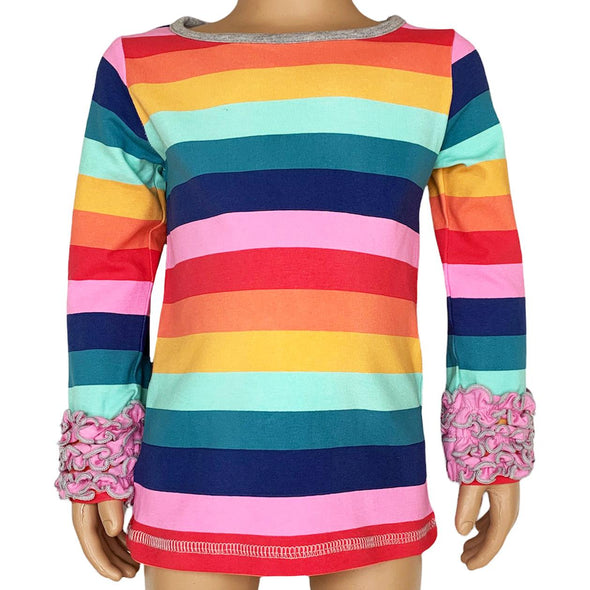 AnnLoren Baby Big Girls Boutique Long Sleeve Rainbow Ruffle Layering T-shirt - Lil FashionAva 