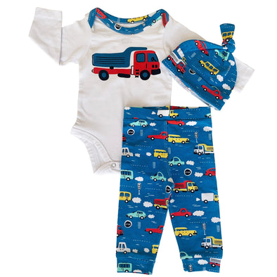 AnnLoren Baby Boys Layette Cars Trucks Long Sleeve Onesie Pants Cap 3pc Gift Set - Lil FashionAva 