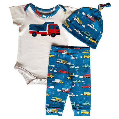AnnLoren Baby Boys Layette Cars Trucks Onesie Pants Cap 3pc Gift Set Clothing - Lil FashionAva 