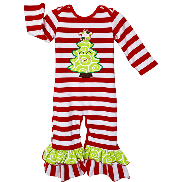 AnnLoren Baby Girls Boutique Happy Christmas Tree Red Striped Romper - Lil FashionAva 