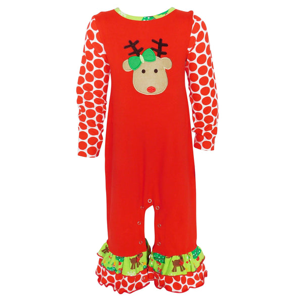 AnnLoren Baby Girls Boutique Red Green Christmas Tree Rudolph Reindeer Holiday Romper - Lil FashionAva 