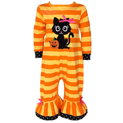 AnnLoren Baby Girls Halloween Sweet Black Cat Orange Cotton Romper - Lil FashionAva 