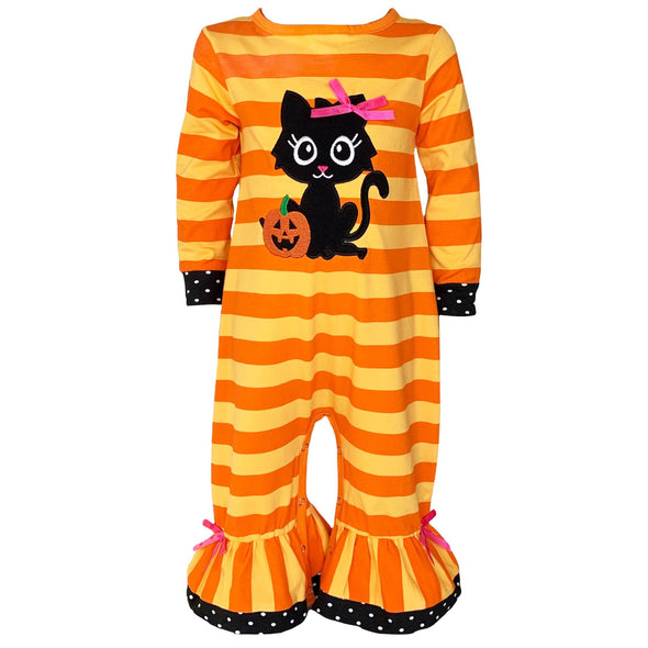 AnnLoren Baby Girls Halloween Sweet Black Cat Orange Cotton Romper - Lil FashionAva 