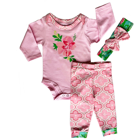 AnnLoren Baby Girls Layette Pink Arabesque Floral Onesie Pants Headband 3pc Gift Set - Lil FashionAva 