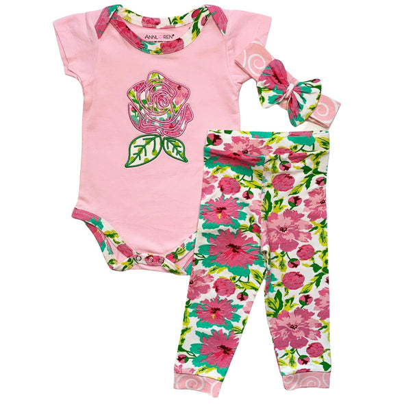 AnnLoren Baby Girls Layette Pink Floral Onesie Pants Headband 3pc Gift Set Clothing - Lil FashionAva 