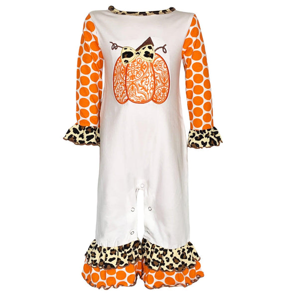 AnnLoren Baby Girls Orange pumpkin Autumn Holiday Cotton Romper - Lil FashionAva 