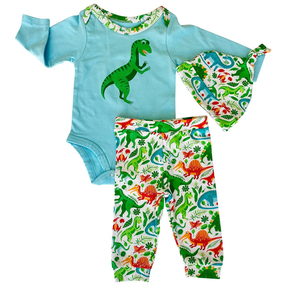 AnnLoren Baby Layette Boys Dinosaur Long Sleeve Onesie Pants Cap 3pc Gift Set - Lil FashionAva 