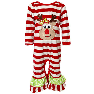 AnnLoren Baby/Toddler Girls Boutique Christmas Reindeer Red Striped Romper - Lil FashionAva 