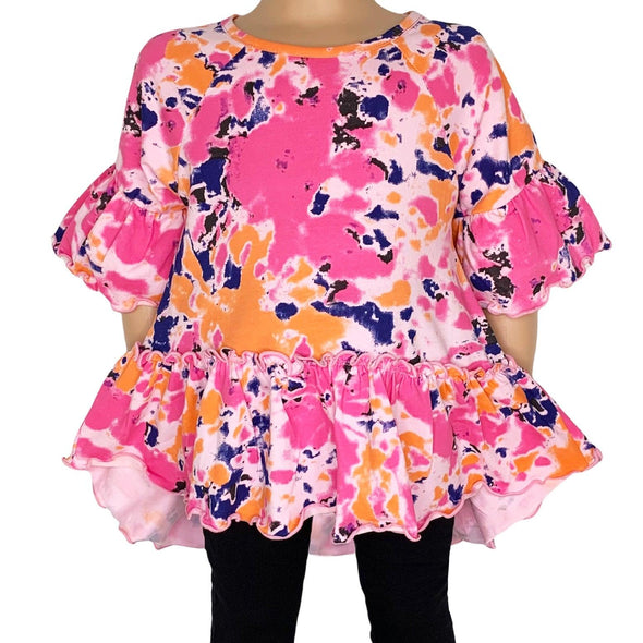 AnnLoren Girls 3/4 Angel Sleeve Tie Dye Cotton Knit Ruffle Shirt - Lil FashionAva 