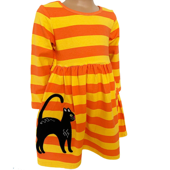 AnnLoren Girls Boutique Black Cat Orange Striped Halloween Dress - Lil FashionAva 